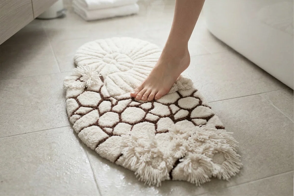 Тафтинг ковёр для ванной с 3D рельефом камней и раковины — изготовление ковров на заказ